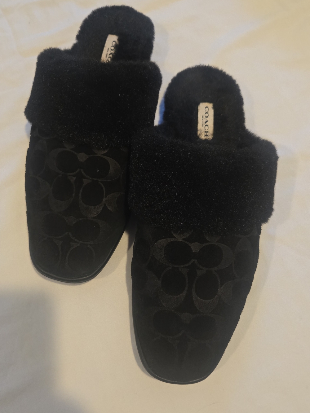 Coach Black Faux Fur Logo Slip-On Mules